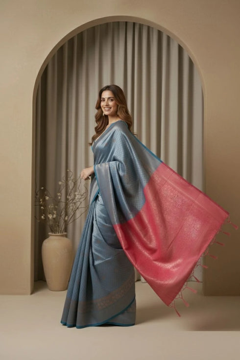 Teal Blue Art Silk Saree With Blouse - Back View | Samyak Fashion