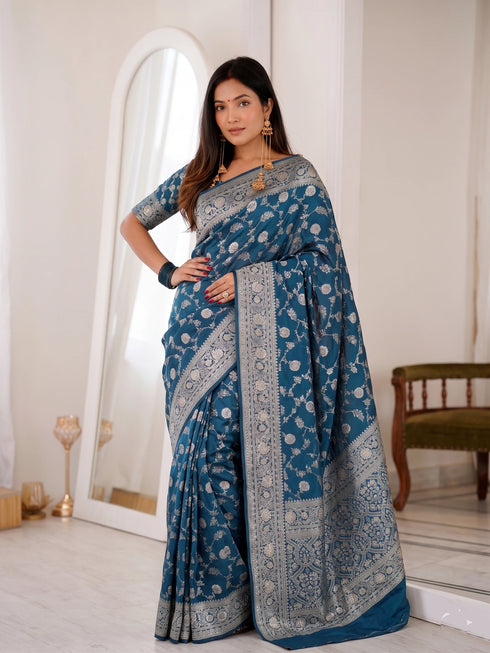 Teal Blue Banarasi Soft Silk Party Wear Saree With Blouse - Front View | Samyak Fashion