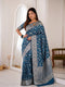 Teal Blue Banarasi Soft Silk Party Wear Saree With Blouse - Front View | Samyak Fashion
