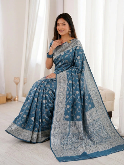 Teal Blue Banarasi Soft Silk Party Wear Saree With Blouse - Side View | Samyak Fashion