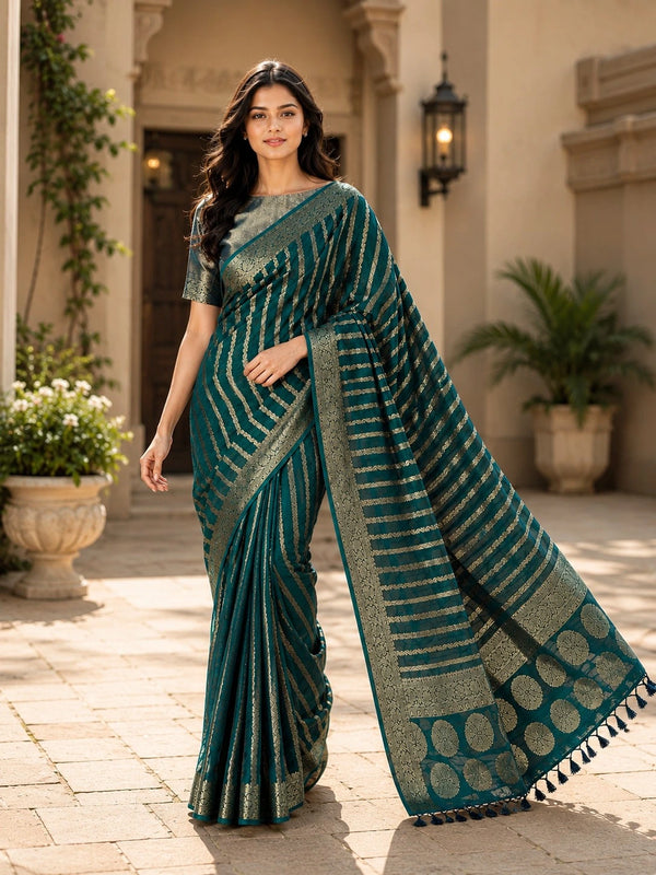 Teal Blue Georgette Saree With Blouse - Front View | Samyak Fashion
