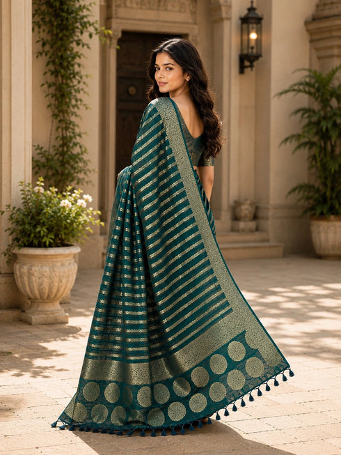 Teal Blue Georgette Saree With Blouse - Back View | Samyak Fashion