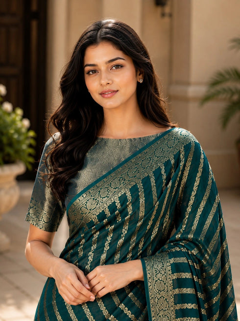 Teal Blue Georgette Saree With Blouse - Side View | Samyak Fashion