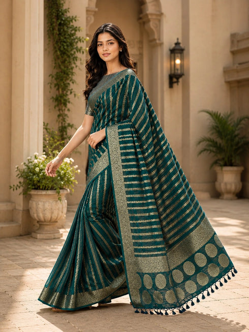 Teal Blue Georgette Saree With Blouse - Detail View | Samyak Fashion