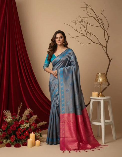 Teal Blue/pink Art Silk Saree With Blouse - Front View | Samyak Fashion
