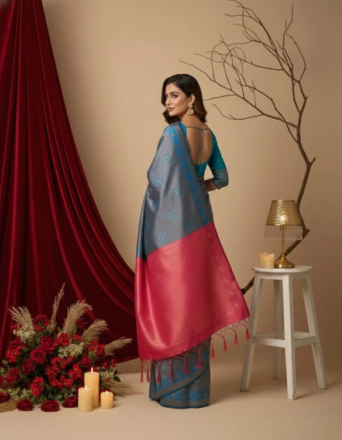 Teal Blue/pink Art Silk Saree With Blouse - Back View | Samyak Fashion