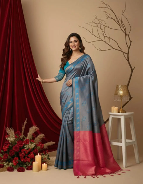 Teal Blue/pink Art Silk Saree With Blouse - Close-up View | Samyak Fashion