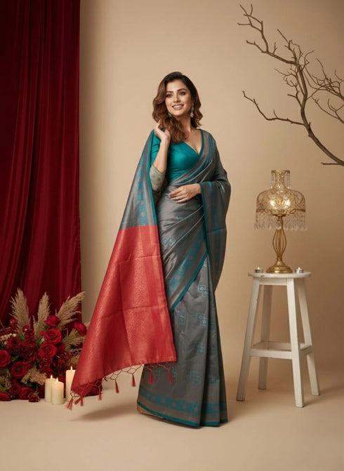 Teal Blue/red Art Silk Saree With Blouse - Front View | Samyak Fashion
