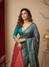 Teal Blue/red Art Silk Saree With Blouse - Back View | Samyak Fashion