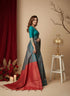 Teal Blue/red Art Silk Saree With Blouse - Side View | Samyak Fashion