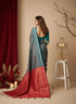Teal Blue/red Art Silk Saree With Blouse - Close-up View | Samyak Fashion