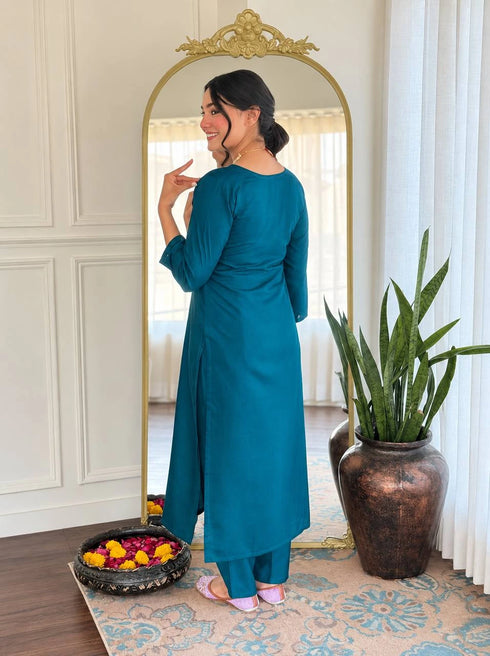 Teal Cotton Blend Salwar Suit - Side View | Samyak Fashion