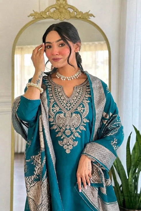 Teal Cotton Blend Salwar Suit - Detail View | Samyak Fashion