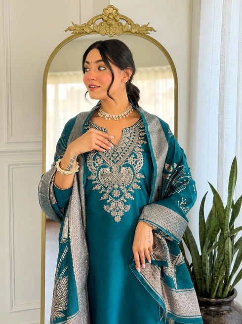 Teal Cotton Blend Salwar Suit - Close-up View | Samyak Fashion