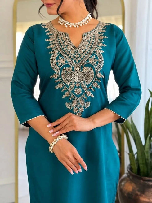 Teal Cotton Blend Salwar Suit - Full View | Samyak Fashion