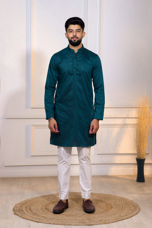 Teal Cotton Mens Kurta With Payjama - Front View | Samyak Fashion