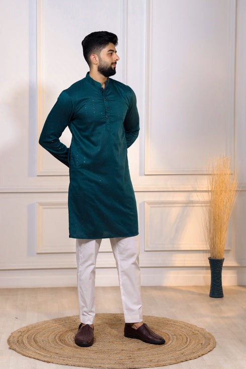Teal Cotton Mens Kurta With Payjama - Close-up View | Samyak Fashion