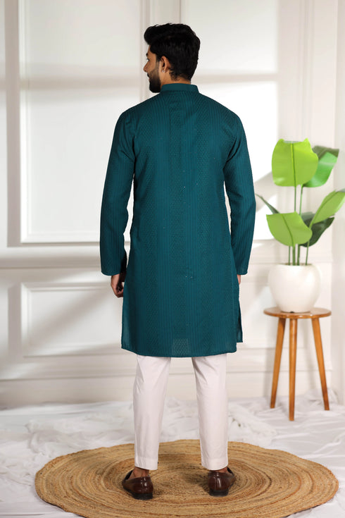 Teal Cotton Mens Kurta With Payjama - Back View | Samyak Fashion