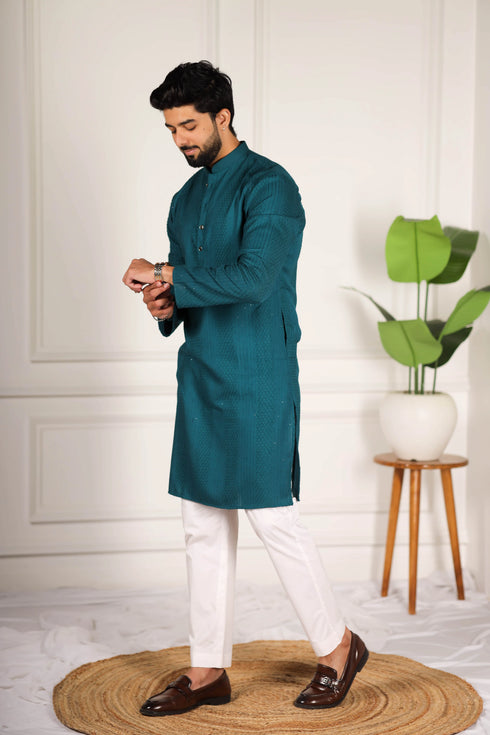 Teal Cotton Mens Kurta With Payjama - Detail View | Samyak Fashion