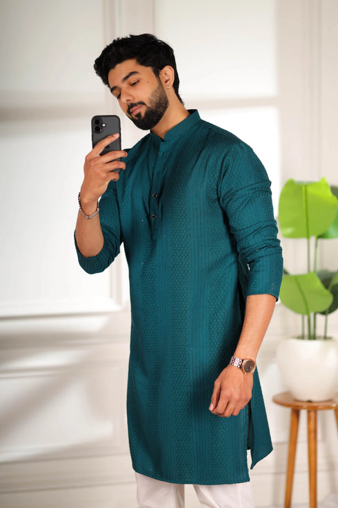 Teal Cotton Mens Kurta With Payjama - Close-up View | Samyak Fashion