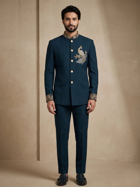 Teal Doniar Satin Mens Men's Jodhpuri - Front View | Samyak Fashion