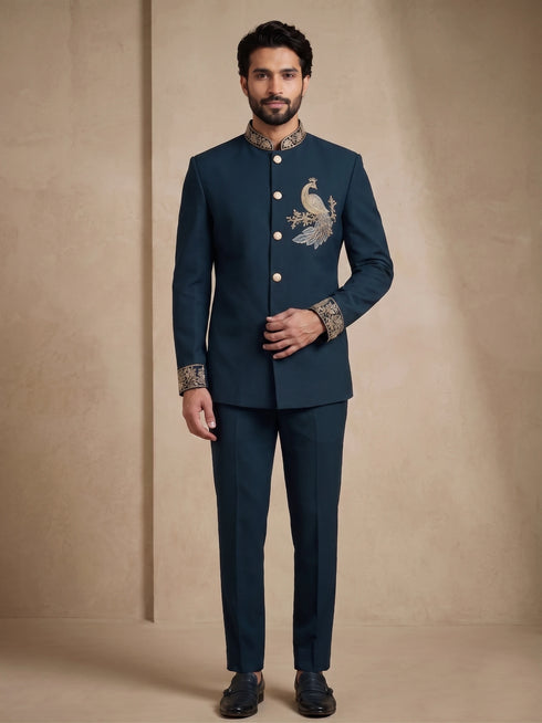 Teal Doniar Satin Mens Men's Jodhpuri - Back View | Samyak Fashion