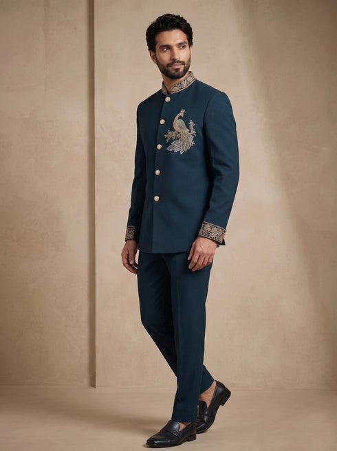 Teal Doniar Satin Mens Men's Jodhpuri - Side View | Samyak Fashion