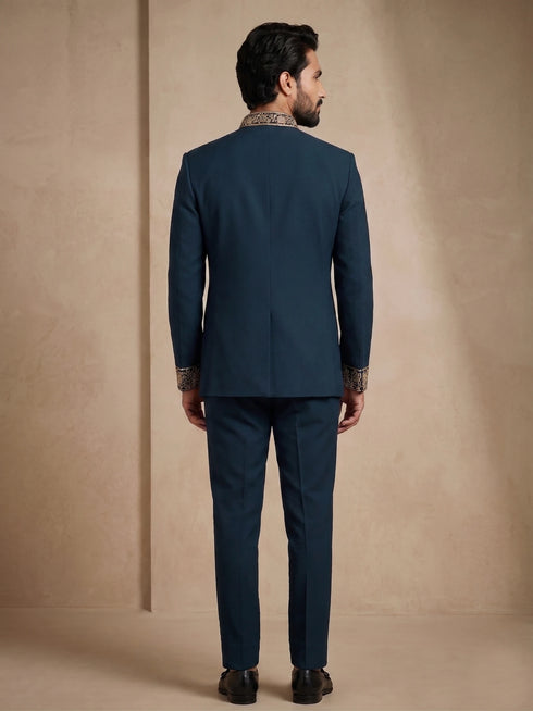 Teal Doniar Satin Mens Men's Jodhpuri - Detail View | Samyak Fashion