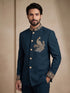 Teal Doniar Satin Mens Men's Jodhpuri - Close-up View | Samyak Fashion