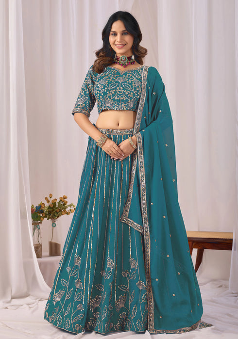 Teal Faux Georgette Lehenga Choli - Front View | Samyak Fashion