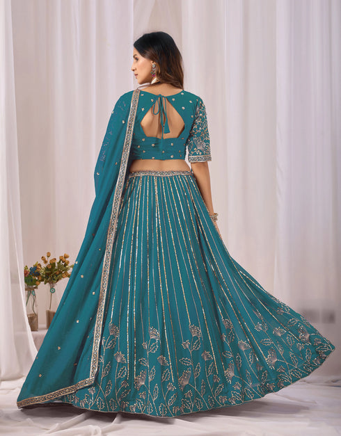 Teal Faux Georgette Lehenga Choli - Back View | Samyak Fashion