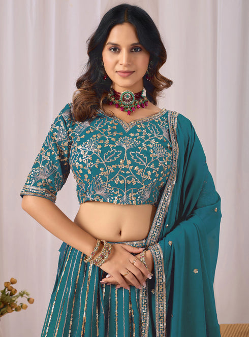 Teal Faux Georgette Lehenga Choli - Side View | Samyak Fashion