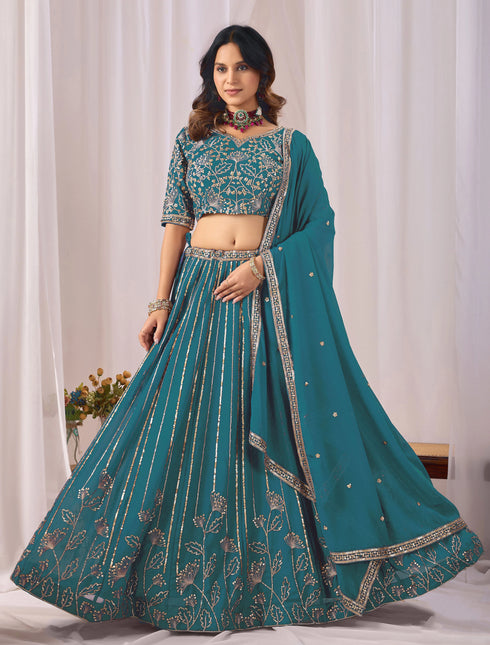 Teal Faux Georgette Lehenga Choli - Detail View | Samyak Fashion