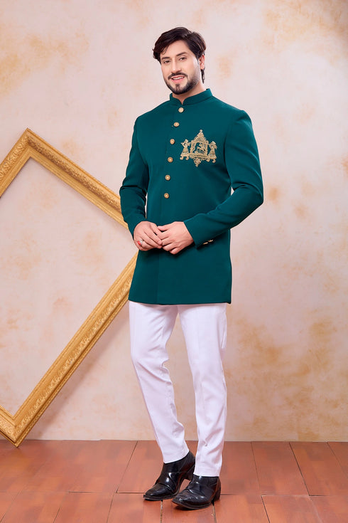 Teal Green Imported Lachka Fabric Mens Premium Men's Indo Western - Front View | Samyak Fashion