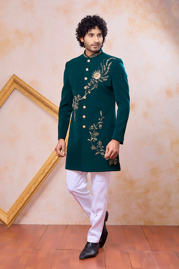 Teal Green Imported Lachka Fabric Mens Premium Men's Indo Western - Front View | Samyak Fashion