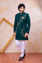 Teal Green Imported Lachka Fabric Mens Premium Men's Indo Western - Front View | Samyak Fashion