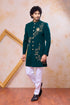 Teal Green Imported Lachka Fabric Mens Premium Men's Indo Western - Front View | Samyak Fashion