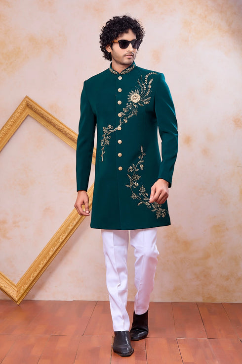 Teal Green Imported Lachka Fabric Mens Premium Men's Indo Western - Back View | Samyak Fashion