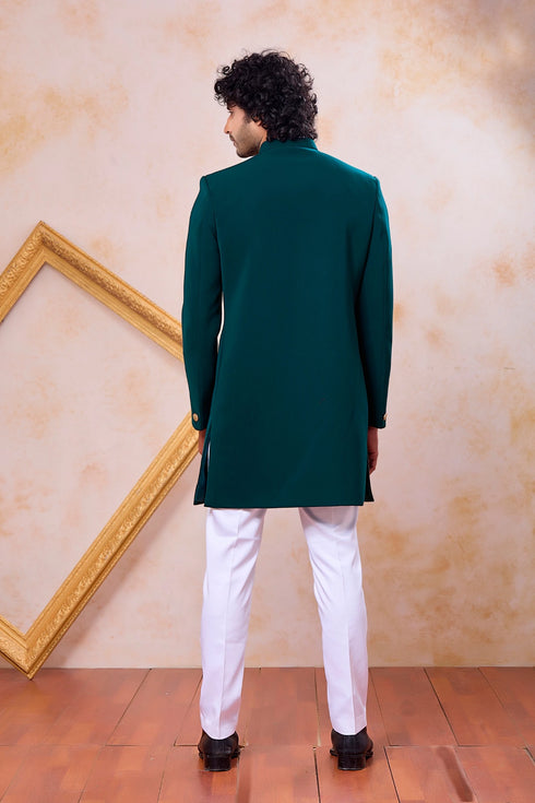 Teal Green Imported Lachka Fabric Mens Premium Men's Indo Western - Side View | Samyak Fashion