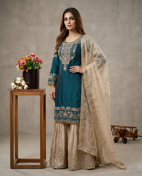 Teal Heavy Gmy Silk Elegant Salwar Suit - Back View | Samyak Fashion