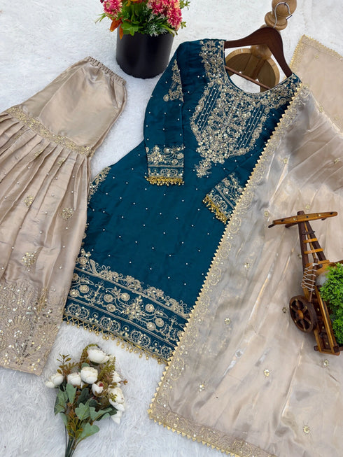 Teal Heavy Gmy Silk Elegant Salwar Suit - Side View | Samyak Fashion
