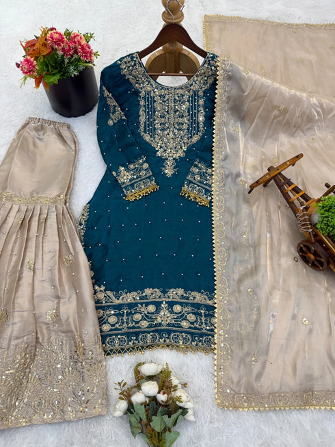 Teal Heavy Gmy Silk Elegant Salwar Suit - Detail View | Samyak Fashion