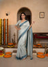 Teal Manipuri Kalam Silk Elegant Party Wear Saree Collection With Blouse - Back View | Samyak Fashion