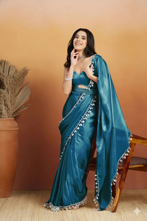 Teal Organza Saree With Blouse - Front View | Samyak Fashion