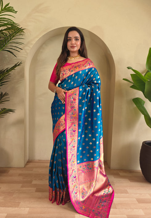 Teal Paithani Silk Party Wear Saree With Blouse - Front View | Samyak Fashion