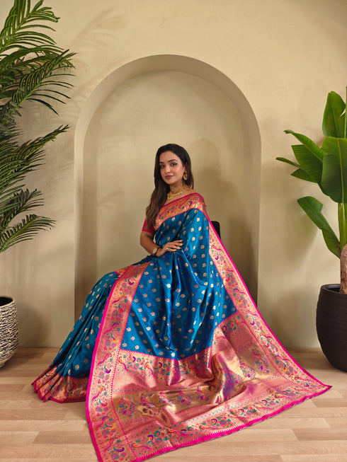 Teal Paithani Silk Party Wear Saree With Blouse - Side View | Samyak Fashion