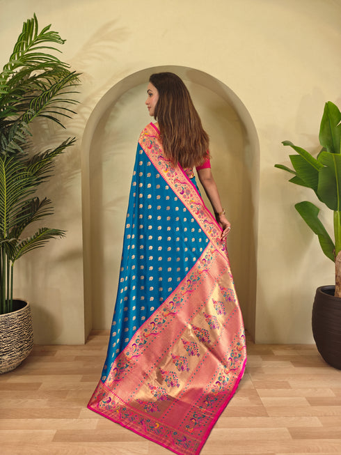 Teal Paithani Silk Party Wear Saree With Blouse - Detail View | Samyak Fashion