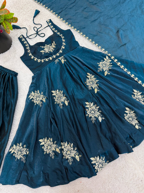 Teal Pure Fendy Silk Elegant Salwar Suit - Detail View | Samyak Fashion
