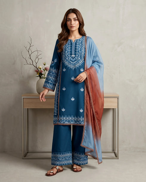 Teal Rayon Cotton Elegant Salwar Suit - Front View | Samyak Fashion