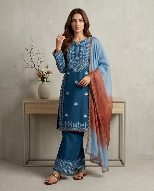 Teal Rayon Cotton Elegant Salwar Suit - Back View | Samyak Fashion